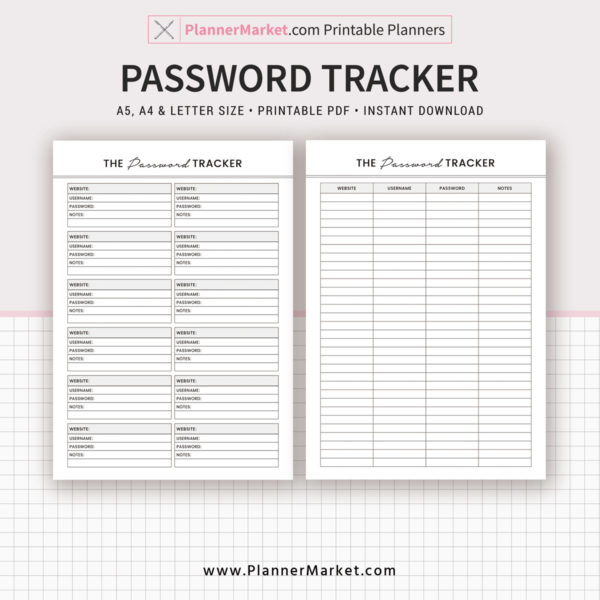 Password Tracker, A5, A4, Letter Size, Printable Planner Inserts ...