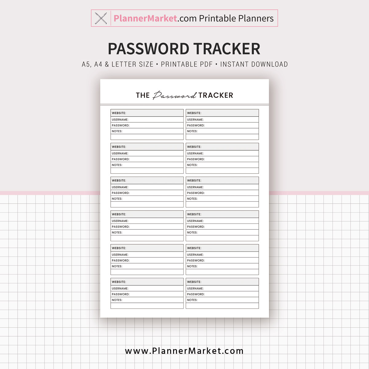 Password Tracker, A5, A4, Letter Size, Printable Planner Inserts ...