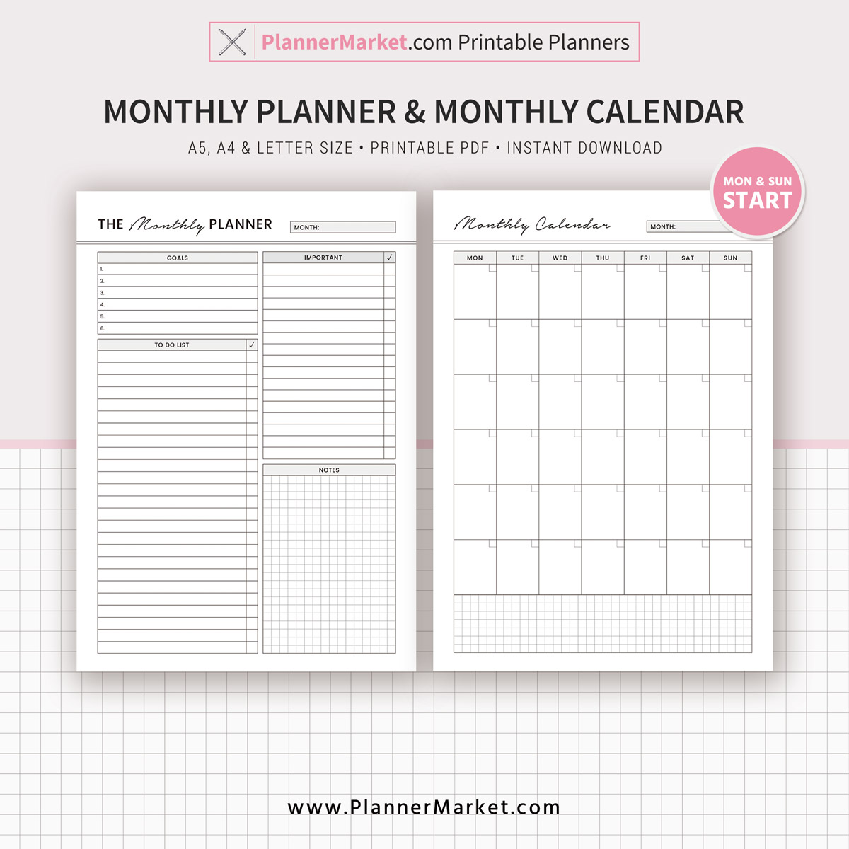Personal Monthly Planner Instant Download Monthly Planner Productivity Planner Letter Size