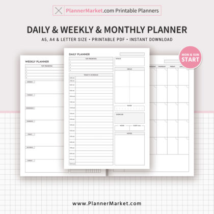 Daily Weekly Monthly Planner, Printable Planner, Filofax A5 Inserts, A5 ...