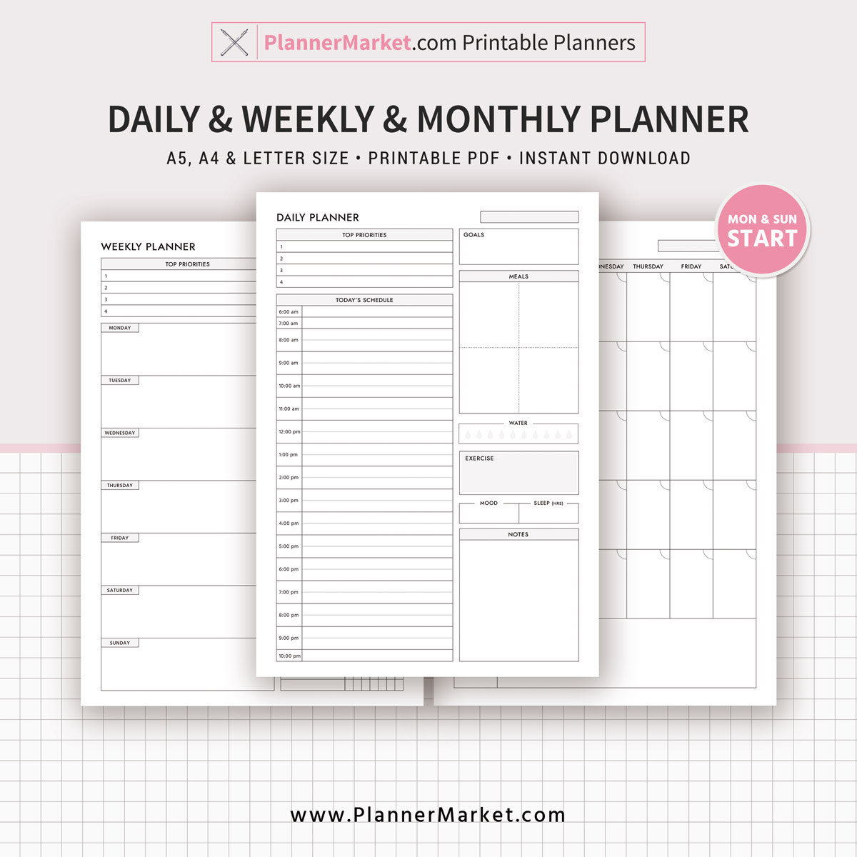 Printable and Digital Planner A4 Weekly and Monthly Planner Bundle US Daily A5 Printable Planner Inserts: 38 Minimal Planner Pages