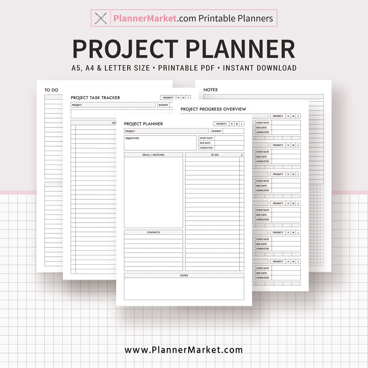 Project Planner Printable for Binder  Project Management  Productivity Bullet Journal  Project Tracker  A4 Letter /& Half Size A5