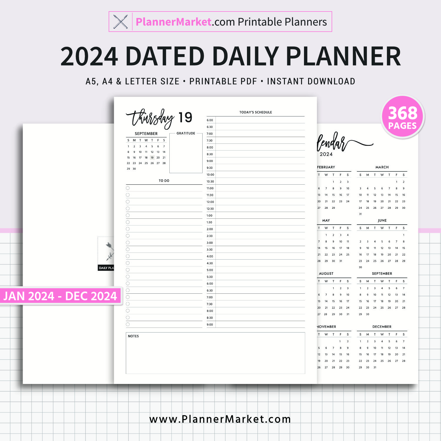 2024 Dated Daily Planner Printable, Daily Agenda, 368 Pages, A5, A4